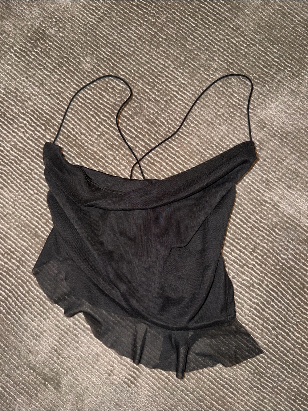 Garage Black Spaghetti Strap Cowl Neck Ruffle Hem Tank Top